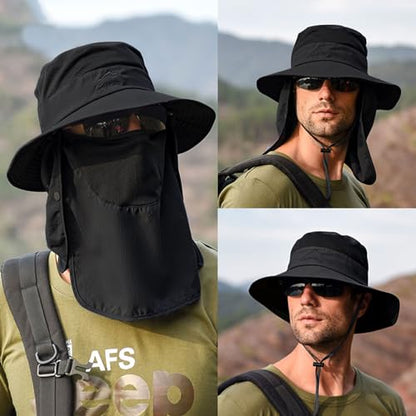 Sun Hats for Men Women Fishing Hat UPF 50+ Breathable Wide Brim Summer UV Protection Hat - color: Black(with Face Cover & Neck Flap )