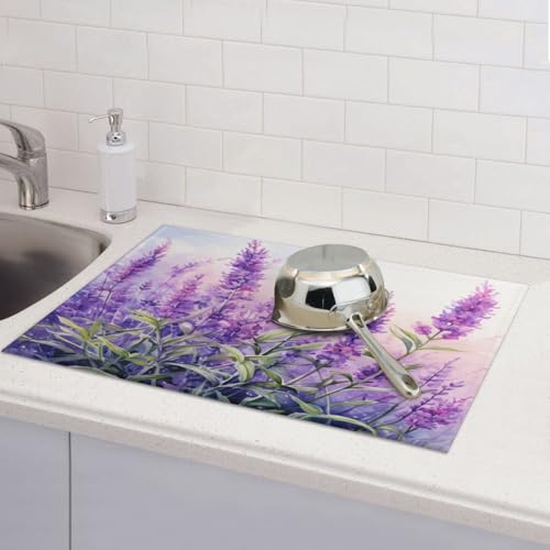 접시 건조 매트 퍼플 라벤더 꽃 수채화 주방 카운터용 흡수성 45.7 x 61cm(18 x 24인치) 극세사 접시 접시 유리 건조 배수 패드 양면 세탁 가능 - color: C10, size: 18" x 24"