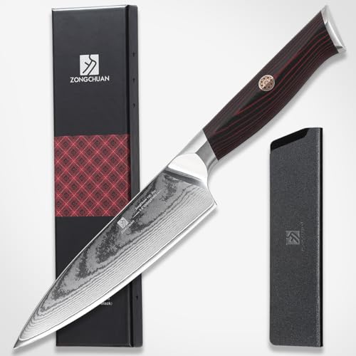 Utility Knife,5.5inch Damascus knife,67-Layer High Carbon Stainless Steel Kitchen Knife,Professiona Sharp Cutting Knives with Ergonomic Red G10 Handle,Gift Box for Home and Kitchen Birthday Gift - style: 13C pro Utility Knife(Red Black)