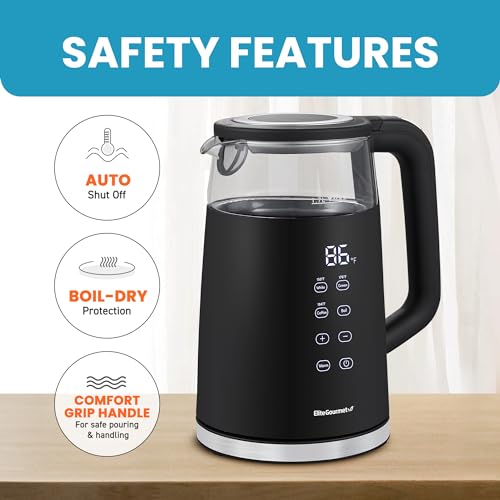 Elite Gourmet 1.7L Dual Wall Cool Touch Electric Tea Kettle, Borosilicate Glass, 304 Stainless Steel Interior, Programmed Digital Touchscreen, Keep Warm, Auto Off & Audible Indicator, Black - size: 1.8 Quarts
