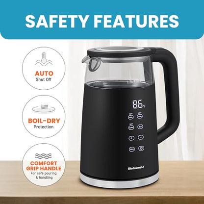 Elite Gourmet 1.7L Dual Wall Cool Touch Electric Tea Kettle, Borosilicate Glass, 304 Stainless Steel Interior, Programmed Digital Touchscreen, Keep Warm, Auto Off & Audible Indicator, Black - size: 1.8 Quarts