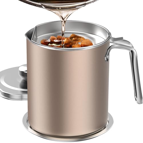Chihee Grease Container Stainless Steel 2L / 67.6 fl oz Fine Mesh Strainer | Easy to Clean Large Spout Bacon Grease Saver Cooking Oil Keeper Stoarge Can with Dust-proof Lid Non-slip Tray Kitchen Frying - color: Champagne Gold(2L)