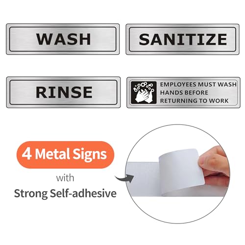 (4 PACK) Wash Rinse Sanitize Sink Labels Signs Stickers with Employees Must Wash Hands Sign, Self-adhesive Waterproof Aluminum Metal Sign for Restaurant Kitchen Sinks (9x3 inch, Brushed Aluminum) - color: Brushed Nickel/Black, size: 9" x 3"
