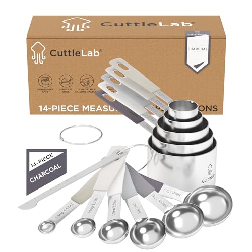 CuttleLab Measuring Cups and Measuring Spoons Set of 14 - Stainless Steel Measuring Cups and Spoons Set, Includes 1/8 Teaspoon Measuring Spoon, 1/8 Cup Measuring Cup, Leveler Dry (14, Charcoal) - color: Charcoal