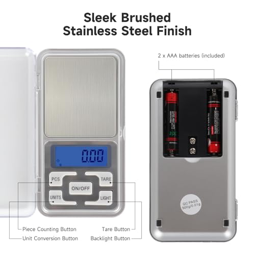 Compact Digital Pocket Scale, Stainless Steel Panel 500g 0.01 Gram Accuracy Portable Kitchen Digital Scale with LCD Display for Food Jewelry Weighing Cooking Baking Coffee Handmade