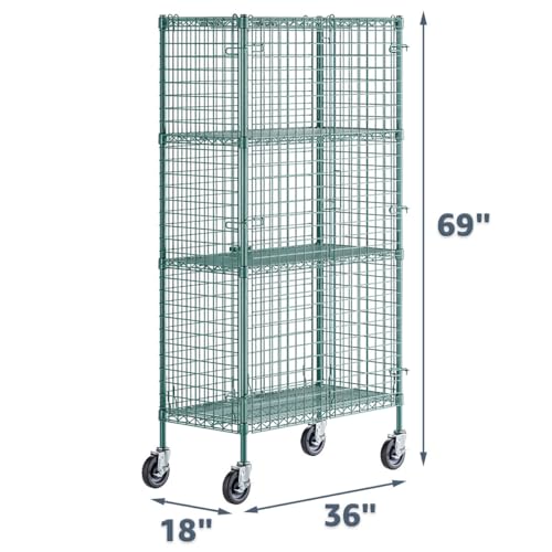 18" x 36" x 69" NSF Heavy Duty Mobile Green Epoxy Wire Shelves with Security Cage Kit, 4 Tier Metal Commercial Storage Rack with Wheels - color: Green, size: 18" x 36" x 69" with Wheels