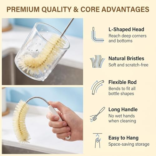 Long Water Bottle Cleaning Brush Bendable Bristles Design with Hook and Comfort Handle Bottle Washing Brush for for Baby Milk Bottle Decanter Glass Jugs Juicers Cleaner Brushes