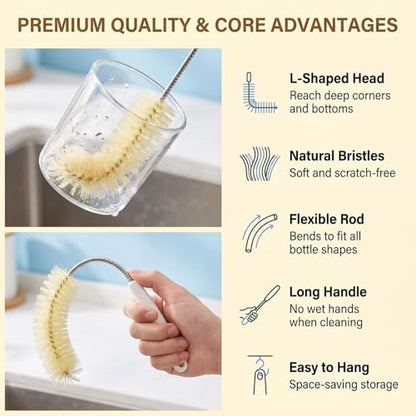 Long Water Bottle Cleaning Brush Bendable Bristles Design with Hook and Comfort Handle Bottle Washing Brush for for Baby Milk Bottle Decanter Glass Jugs Juicers Cleaner Brushes