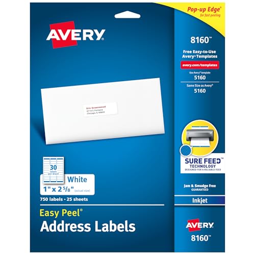 Avery Easy Peel Printable Address Labels with Sure Feed, 1" x 2-5/8" Customizable Stickers, White, 750 Blank Mailing Labels, Great for Mailing, Shipping, and More (8160) - size: 1" x 2-5/8"
