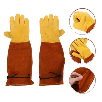 UKCOCO Leather Gardening Gloves for Yard Work and Beekeeping Thorn-resistant Long Sleeve Gloves with Goat Skin Palm and Brown Cowhide Cuff Size L for Planting and Welding