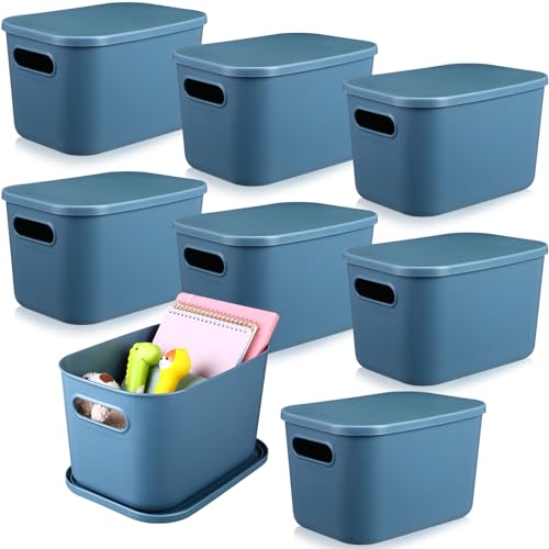 Hoolerry 8 Pieces Colorful Storage Bins with Lid, Plastic Storage Basket Organizing Container Stackable Box with Handle for Shelves Desktop Playroom Office(10.2 x 7 x 6.3 Inch,Blue) - color: Blue, size: 10.2 x 7 x 6.3 Inch