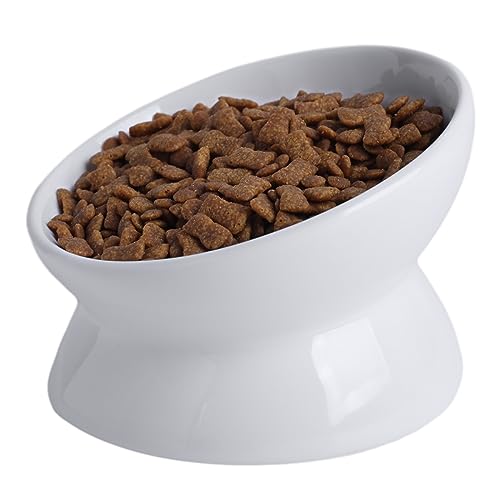 Elevated Ceramic Cat Bowl, 15° Tilted Raised Food & Water Dishes, Anti-Vomiting & Neck Protection Pet Feeder for Kittens, Small Dogs (5.2", White, 1pc Set) - color: White, size: 5Inch-1pc