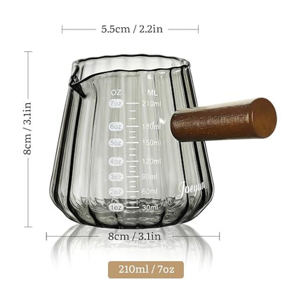 Joeyan 7 oz Espresso Cups, Glass Measuring Cup, Espresso Shot Cup with Spout and Wood Handle, Gray Espresso Shot Glass, Ribbed Milk Frothing Pitcher, Espresso Machine Coffee Bar Accessories - color: Gray ribbed espresso cup