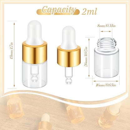 Didaey 100 Pcs 1/2/3/5/10/15 ml Mini Glass Oil Dropper Bottle Bulk, Clear Essential Small Empty Bottles Sample Containers Perfume Liquid Vials with Cap for Traveling (2 ml,Champagne Gold) - color: Champagne Gold, size: 2 ml