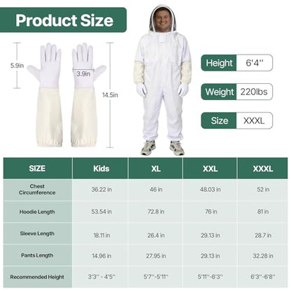 Bee Suit, Full Body Beekeeping Suit with Veil Hood (5'11''-6'3'') | Professional Beekeeping Outfit, Includes Gloves, for Beekeepers and Beginners - size: XL for 5'11''-6'3''