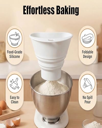 Flour Funnel for Kitchen Aid Mixer, KSM150 4.5-5 Quart Tilt-Head Stand Mixer，Food-Grade Silicone Funnel with Easy-Pour, Prevents Spills and Messes Dishwasher Safety