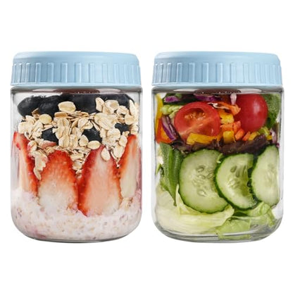 SHOWIN Overnight Oats Containers with Lids, 16oz Glass Jars with Lids 2 pcs, Light Blue, Wide Mouth Mason jars for Salad, Yogurt, Snacks, Meal Prep - color: Light Blue, size: 16oz-2pc
