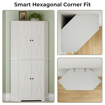 IRONCK Corner Cabinet, 72" H Kitchen Pantry Storage Cabinet, 4 Barn Doors with Storage Rack, 4 Adjustable Shelves, 6-Tier Tall Food Pantry Cabinet, Farmhouse Hutch for Kitchen Dining Room, White