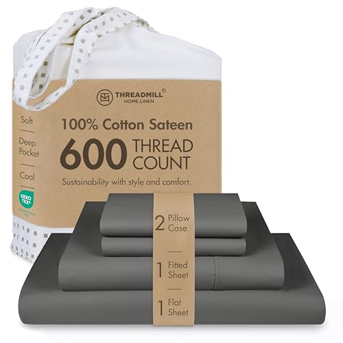 Threadmill 100% Cotton Sheets for Full Size Bed - 600 Thread Count Full Bed Sheets Set with 16” Deep Pocket - Sateen Weave 4-Piece Bedding Set with Cooling Effect, Dark Grey - color: Dark Grey Solid, size: Full