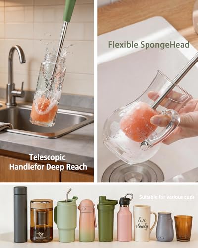 4-in-1 Portable Brush Cleaner Set - Water Bottle Cleaning Brush with Long Extendable Handle, Multi-Purpose Cleaning Tool for Travel Bottles & Tumblers, Compact Water Bottle Cleaner Brush Kit