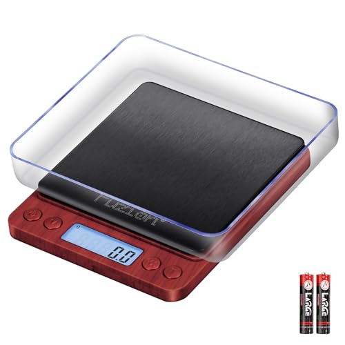 Fuzion Small Gram Scale 3000g, Digital Kitchen Food Scale, Gram and Ounce | Black Titanium Stainless Steel, 0.1g Accuracy, 6 Modes, 2 Trays Included, Tare, Piece Counting, For Food, Coffee, Coins, Herb - color: Wood Grain