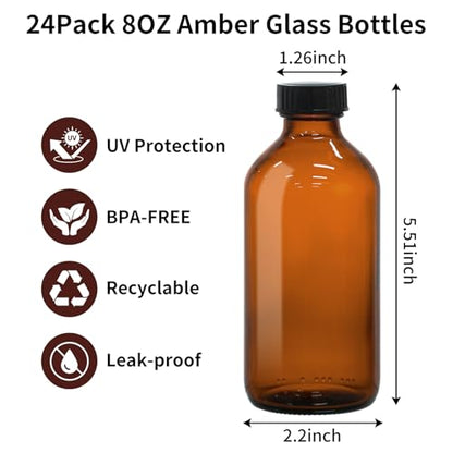 24 Pack 8oz Amber Glass Boston Round Bottles with Phenolic Polycone Caps – Airtight, Leak-Proof Brown Glass Containers for Kombucha Brewing, Storing Condiments, Essential Oils, and Homemade Solutions - size: 8oz