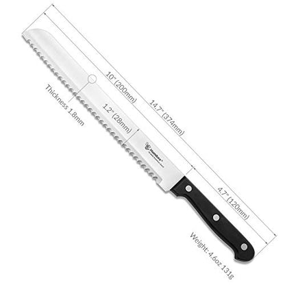 10 Inch Serrated Bread Knife, Premium Stainless Steel Blade with Wave Edge, Full Tang Handle, Razor Sharp Knife for Bread, Durable Professional Kitchen Knife