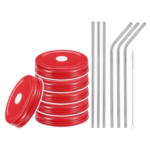 uxcell 13pcs Stainless Steel Mason Jar Lids with Straw Hole, 70mm Metal Canning Lid Mason Storage Covers Caps with Silicone Ring/Straws/Cleaning Brush Red - color: Red