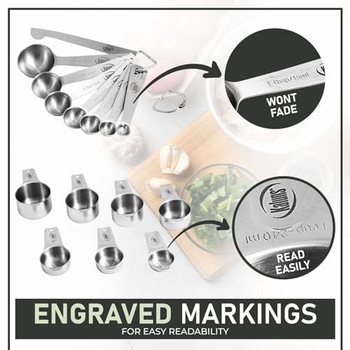 Kaluns Stainless Steel Measuring Cups, Measuring Spoons,16 Piece Measuring Cups and Spoons Set Includes Leveler and Measurements Card, Heavy-duty, Heat and Rust Resistant