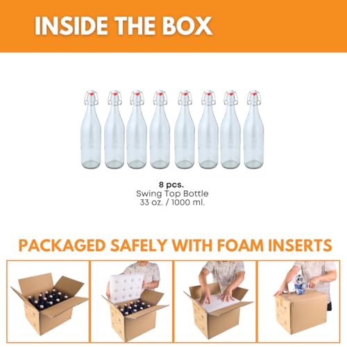 FastRack Swing Top Glass Bottles |33 oz – pack of 8 | Clear Flip Top Glass Bottles for Home Brewing, Carbonated Drinks, Kombucha, Fermentation, Water | Food Grade – ECO Friendly - size: 8 Pack