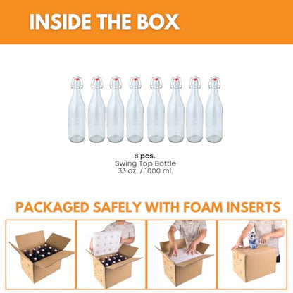 FastRack Swing Top Glass Bottles |33 oz – pack of 8 | Clear Flip Top Glass Bottles for Home Brewing, Carbonated Drinks, Kombucha, Fermentation, Water | Food Grade – ECO Friendly - size: 8 Pack