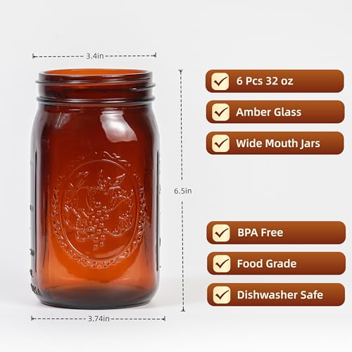 Amber Glass Mason Jars, 32oz Wide Mouth Jars 6 Pcs, Air Tight, Leak Resistant, Large Canning Jars, Quart Mason Jars for Canning, Storing Food, Spices, Meal Prep and Overnight Oats