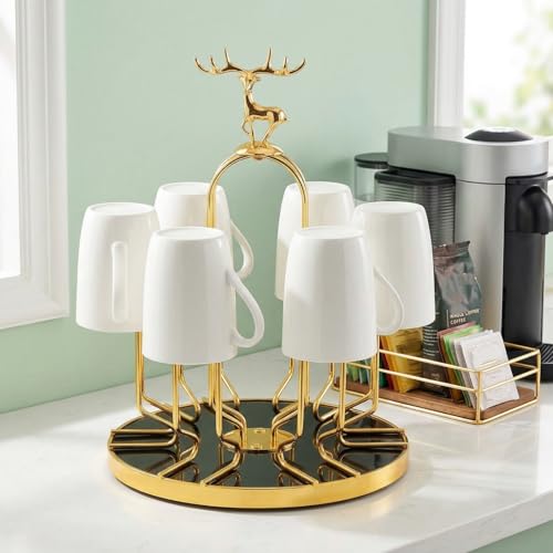 Pumtus Metal Glass Drying Rack, Rotating 6 Bottles Dryer Stand, Drinking Mug Holder with Soft Rubber Hook, Non-Slip Water Tumbler Draining Tree, Reusable Mason Jar Organizer for Kitchen, Countertop