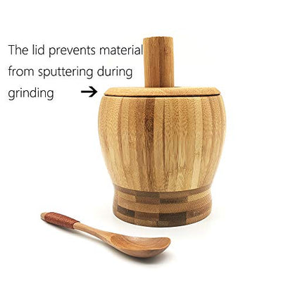 Wooden Mortar and Pestle Set with a Lid and Spoon