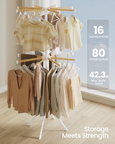 SONGMICS Clothes Drying Rack 2-Tier, with Bamboo Hanging Rods, Foldable Metal Laundry Rack, Space-Saving, Free-Standing Airer, Indoor Use, White and Natural ULLR517W01 - size: 2 Tier