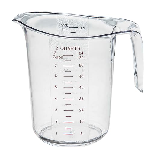 Restaurantware RW Base 2 Quart Measuring Jar 1 Durable Measuring Beaker - Metric And Imperial Units V-Shaped Spout Clear Plastic Measuring Cup Handle With Thumb-Grip Tolerates Up To 248F - color: Clear, size: 7.75" × 6.00" × 7.50"