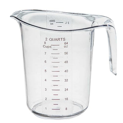 Restaurantware RW Base 2 Quart Measuring Jar 1 Durable Measuring Beaker - Metric And Imperial Units V-Shaped Spout Clear Plastic Measuring Cup Handle With Thumb-Grip Tolerates Up To 248F - color: Clear, size: 7.75" × 6.00" × 7.50"