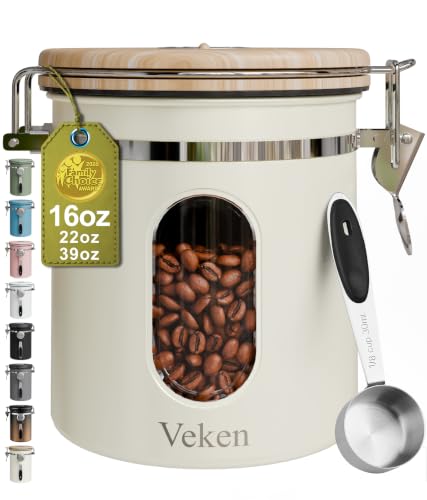 Veken Coffee Sugar Canister with Window, Airtight Stainless Steel Kitchen Food Storage Container with Lids, Date Tracker and Scoop for Grounds Coffee, Beans, Tea, Flour, Cereal Jars, 16OZ, Cream - color: Cream, size: 16 oz