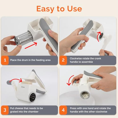 UHIYEE Patented Rotary Parmesan Cheese Grater, Hand Crank Cheese Shredder with Fine & Coarse Drums, Restaurant Quality, White, Stainless Steel & ABS, Dishwasher Safe - color: White
