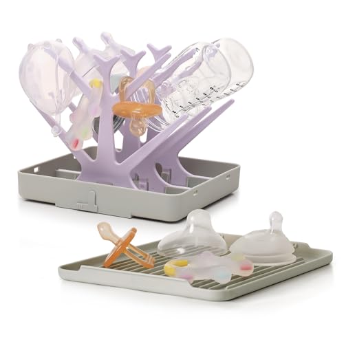 haakaa Portable Baby Bottle Drying Rack with Tray,Foldable Space Saving Bottle Drying Tree for Bottles/Pump Parts/Pacifiers,Easy-Store Dryer Rack Great for Travel & Home, BPA Free (Lavender) - color: Lavender