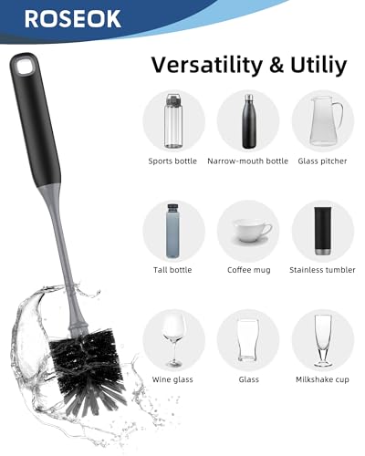 ROSEOK Bottle Brush, Water Bottle Brush, Flexible Bottle Brush, Cup Cleaner | For Cleaning Glass, Sports Bottle, Coffee Mug, Cup Cleaner, Black, 2 Pack - color: Black
