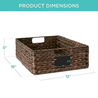 Best Choice Products 40.6 x 30.5cm(16 x 12인치) 대형 부레옥잠 식료품 저장실 바구니 4개 세트, 칠판 라벨이 있는 우븐 오거나이저, 분필 마커 - 브라운 - color: 브라운., size: 12x16x5in