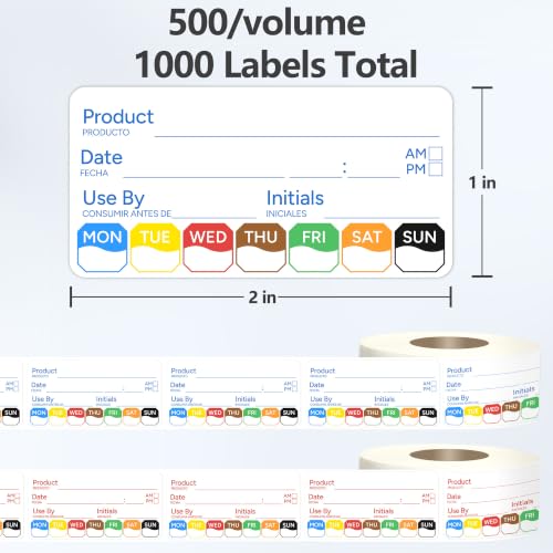 2 Rolls 1000 Pcs 1 X 2 inch Removable Food Date Sticker Labels, Easy to Write for Freezer, Refrigerator Food Containers Date Sticker, Leftover Labels (Blue-Red-Spanish) - style: Blue-Red-Spanish