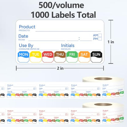 2 Rolls 1000 Pcs 1 X 2 inch Removable Food Date Sticker Labels, Easy to Write for Freezer, Refrigerator Food Containers Date Sticker, Leftover Labels (Blue-Red-Spanish) - style: Blue-Red-Spanish