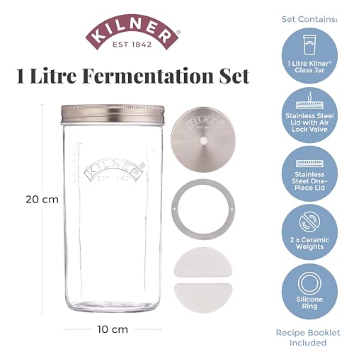 Kilner 1 Litre Fermentation Jar Set Wide Mouth Glass Jar with Silicone Valve Lid, Ceramic Weights & Recipe Booklet, Ideal for Small Batch Fermentation - size: 1 Litre Set