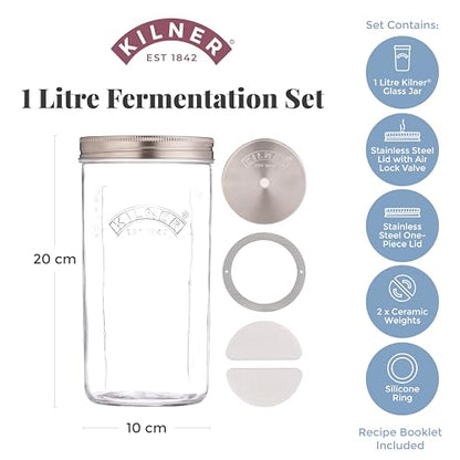 Kilner 1 Litre Fermentation Jar Set Wide Mouth Glass Jar with Silicone Valve Lid, Ceramic Weights & Recipe Booklet, Ideal for Small Batch Fermentation - size: 1 Litre Set