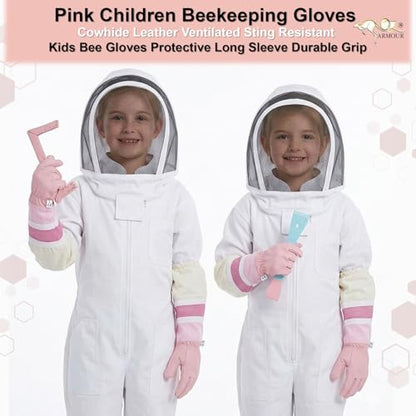 Pink Children Beekeeping Gloves Cowhide Leather Ventilated Sting Resistant Kids Bee Gloves Protective Long Sleeve Durable Grip (S) - size: Small