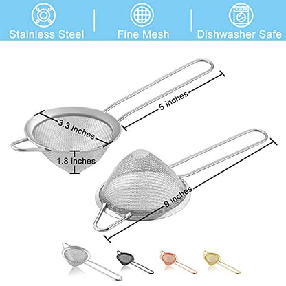 TeamFar Fine Mesh Strainer, 3.3’’ Stainless Steel Tea Strainer-Silver, 1PC | Bar Strainer Small Mesh Conical Cone for Cocktail Coffee Juice, Healthy & Dishwasher Safe, Long Handle & Hanging Loop
