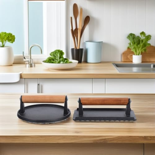 HOMSFOU 2pcs Cast Iron Grill Press with Wooden Handle for Steaks and Sandwiches, Heavy-Duty Meat Press with Grooved Bottom and Nonstick Surface, Safe for Stoves, Ovens, Grills,