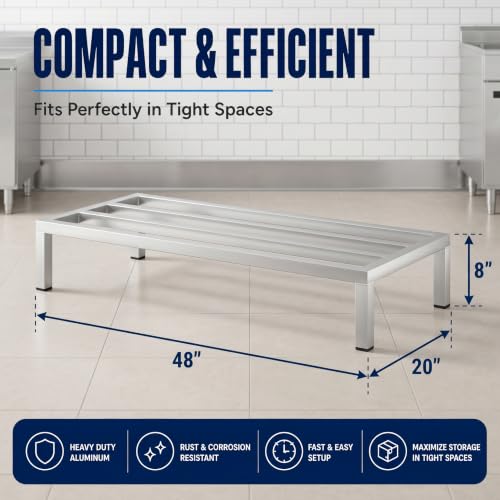 48" x 20" x 8" Aluminum Dunnage Rack – Heavy Duty Floor Storage Stand, NSF for Commercial Use - size: 48"W x 20"D x 8"H
